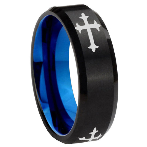 10mm Christian Cross Religious Bevel Tungsten Carbide Blue Wedding Ring