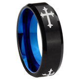 10mm Christian Cross Religious Bevel Tungsten Carbide Blue Wedding Ring