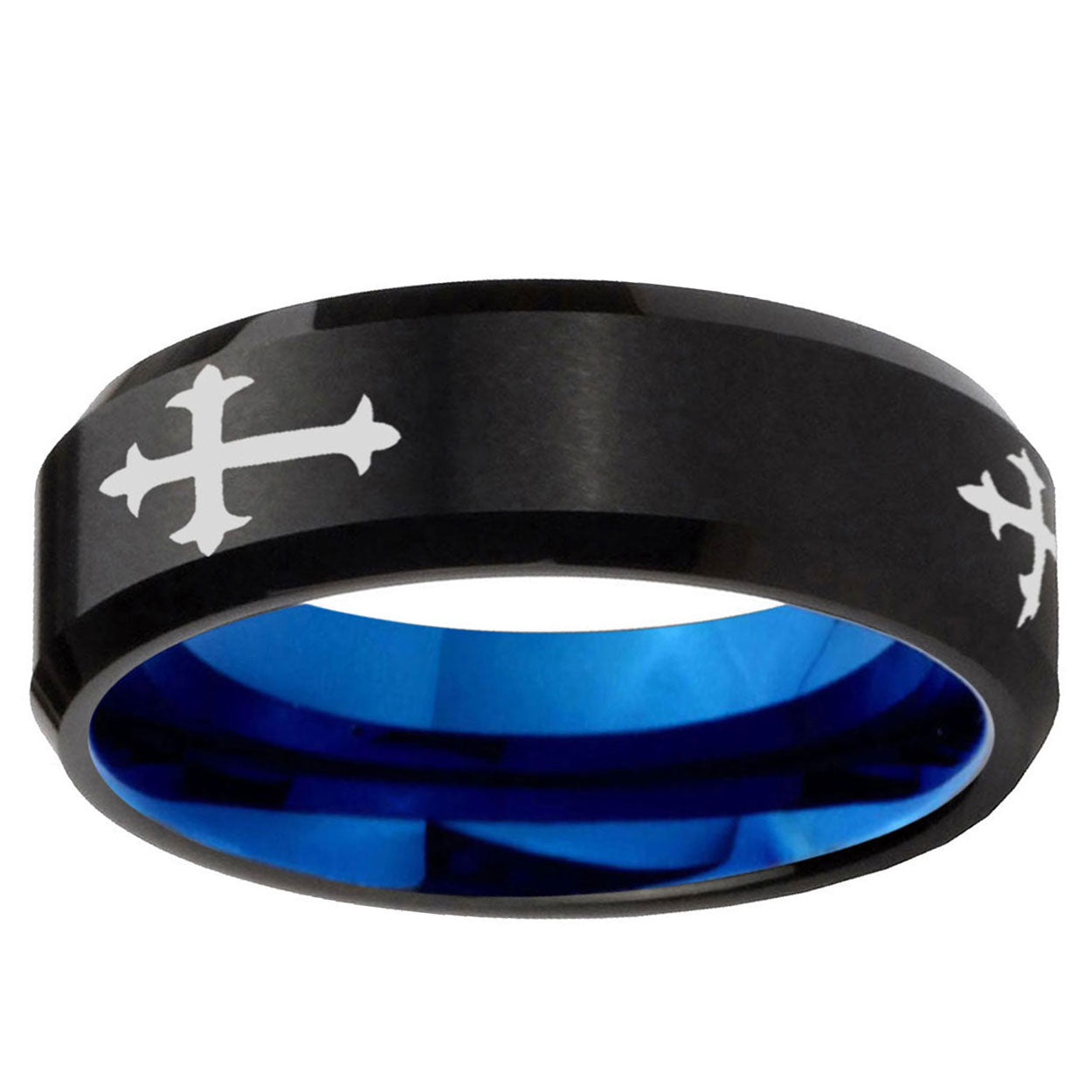 5mm Christian Cross Religious Two-Tone Beveled Black Blue Tungsten Promised Ring