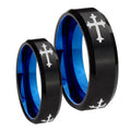 Christian Cross Religious Bevel Blue Tungsten Bridal Set Ring