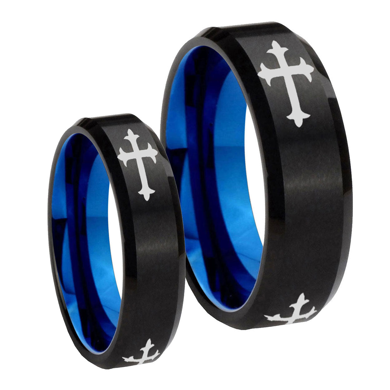 Christian Cross Religious Bevel Blue Tungsten Bridal Set Ring