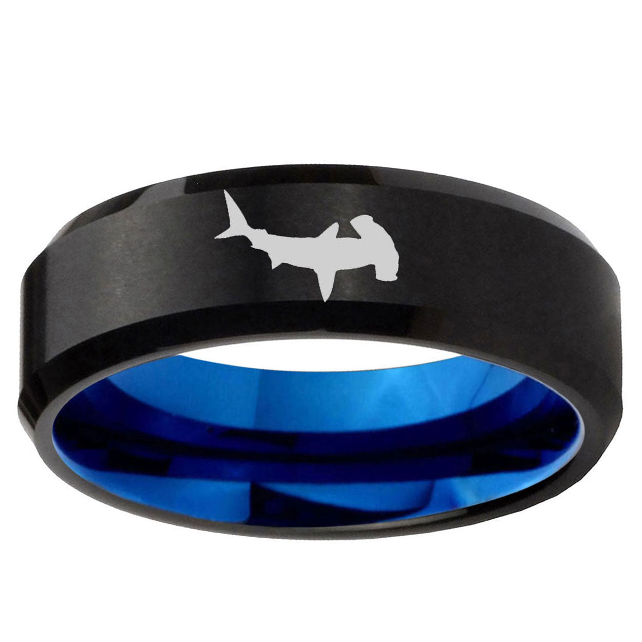 10mm Hammerhead Shark Bevel Tungsten Carbide Blue Wedding Ring