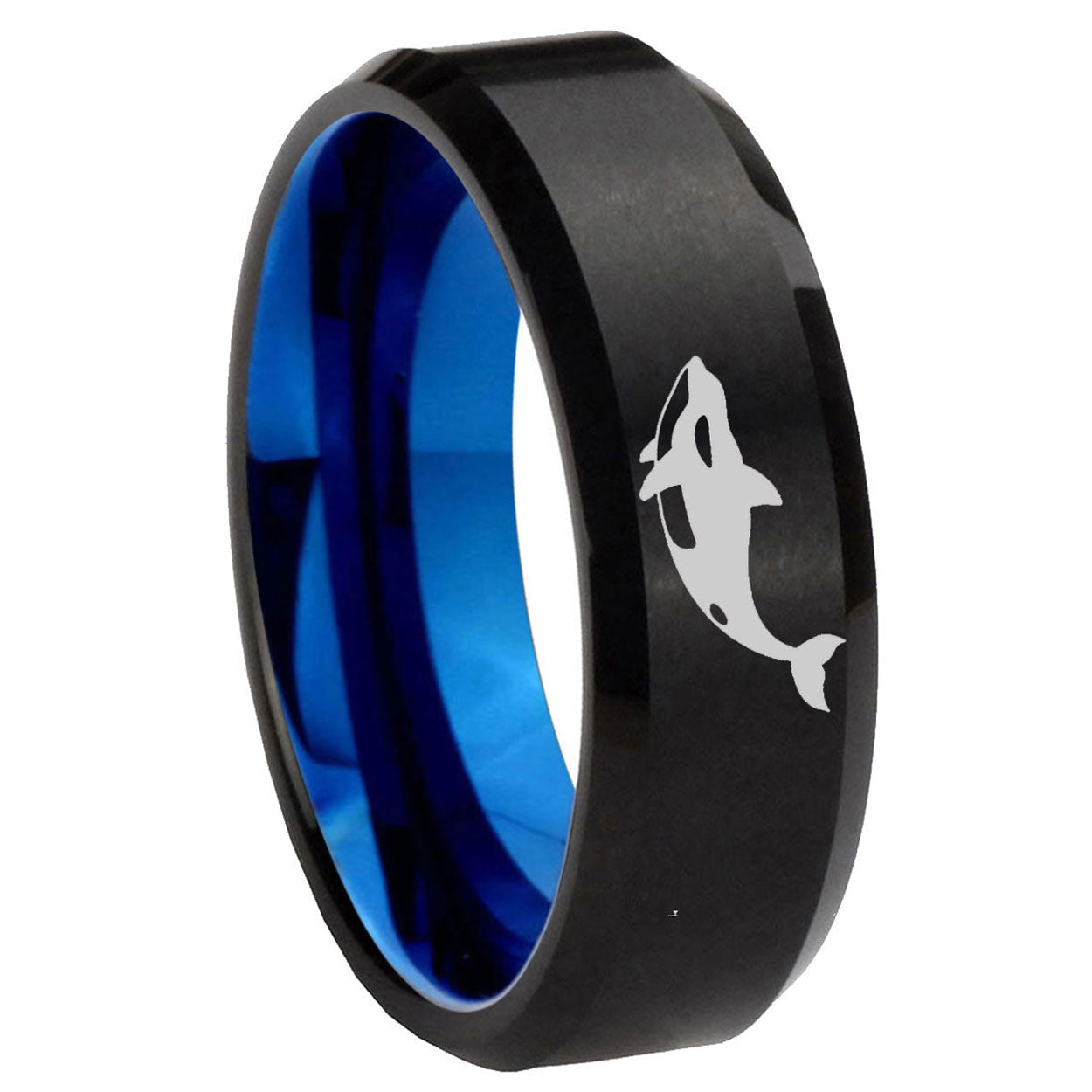 8mm Killer Whale Two-Tone Beveled Black Blue Tungsten Promised Ring