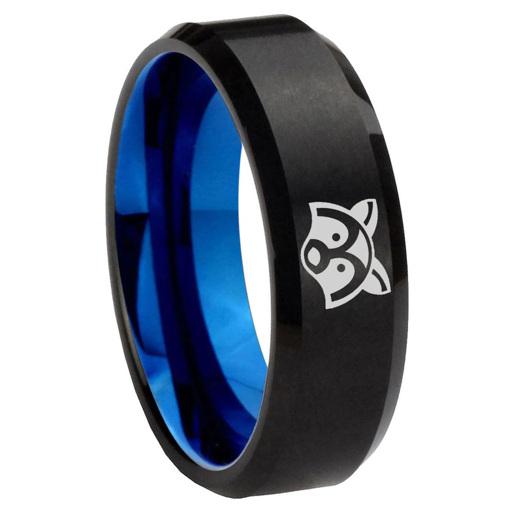 8mm Raccoon Two-Tone Beveled Black Blue Tungsten Promised Ring