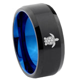 8mm Sea Turtle Beveled Edge Blue Black Tungsten Rings For Men