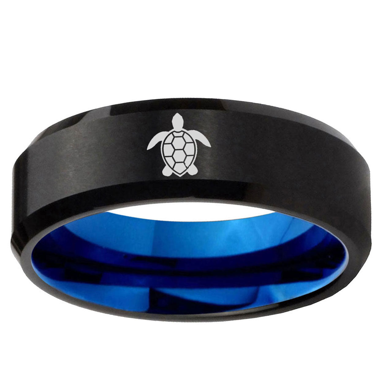 5mm Sea Turtle Two-Tone Beveled Black Blue Tungsten Promised Ring