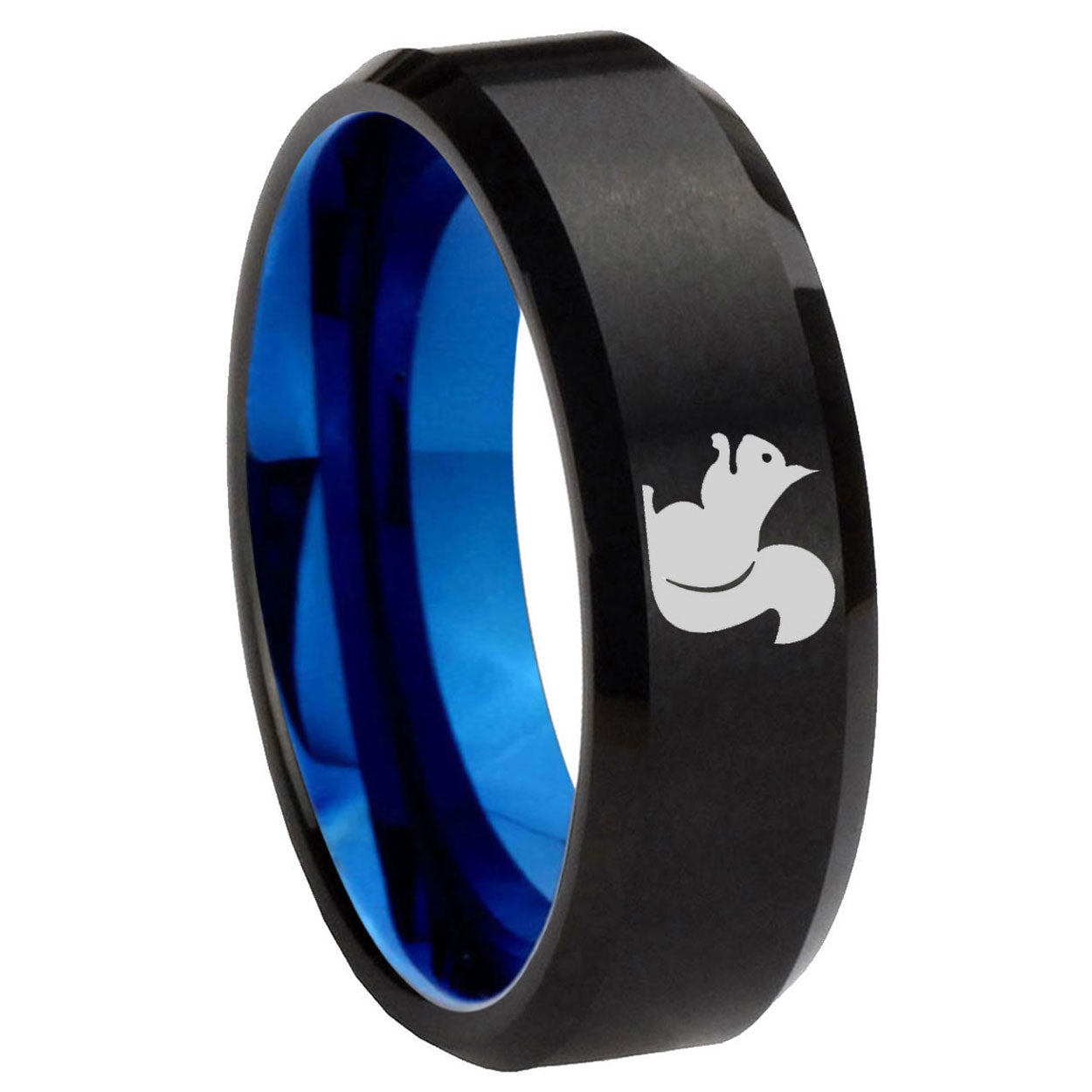 8mm Squirrel Two-Tone Beveled Black Blue Tungsten Promised Ring