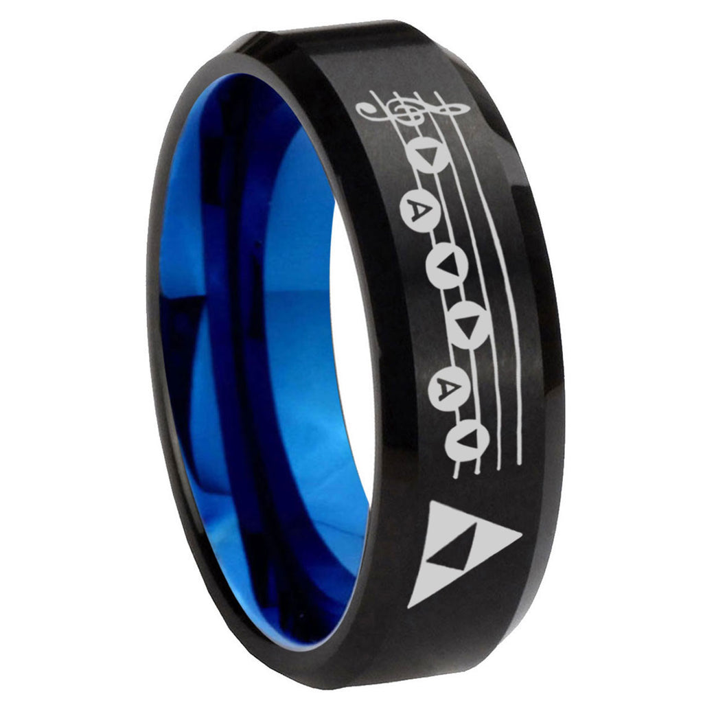8mm Ocarina Songs Zelda Two-Tone Beveled Black Blue Tungsten Promised Ring