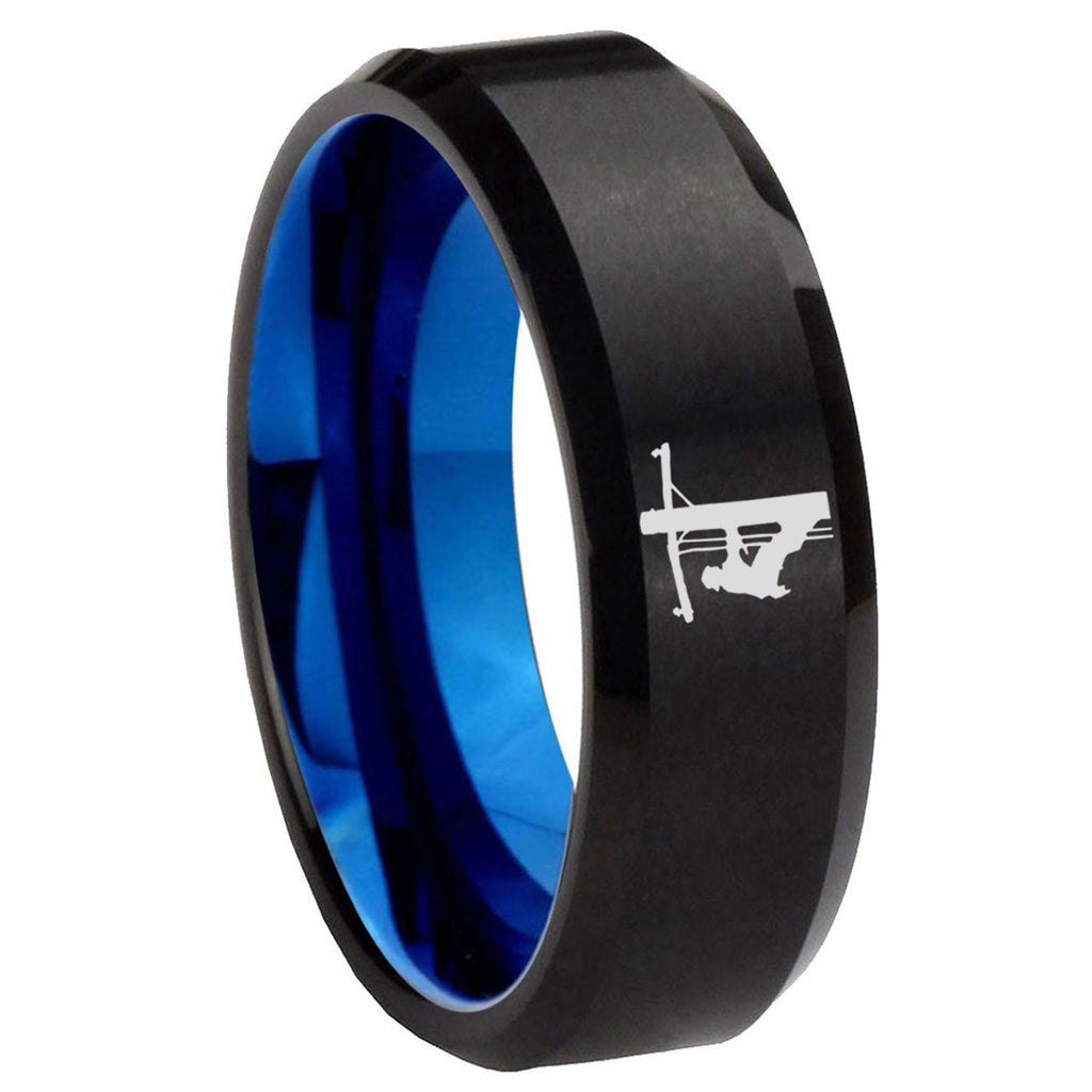 8mm Lineman Symbol Two-Tone Beveled Black Blue Tungsten Promised Ring
