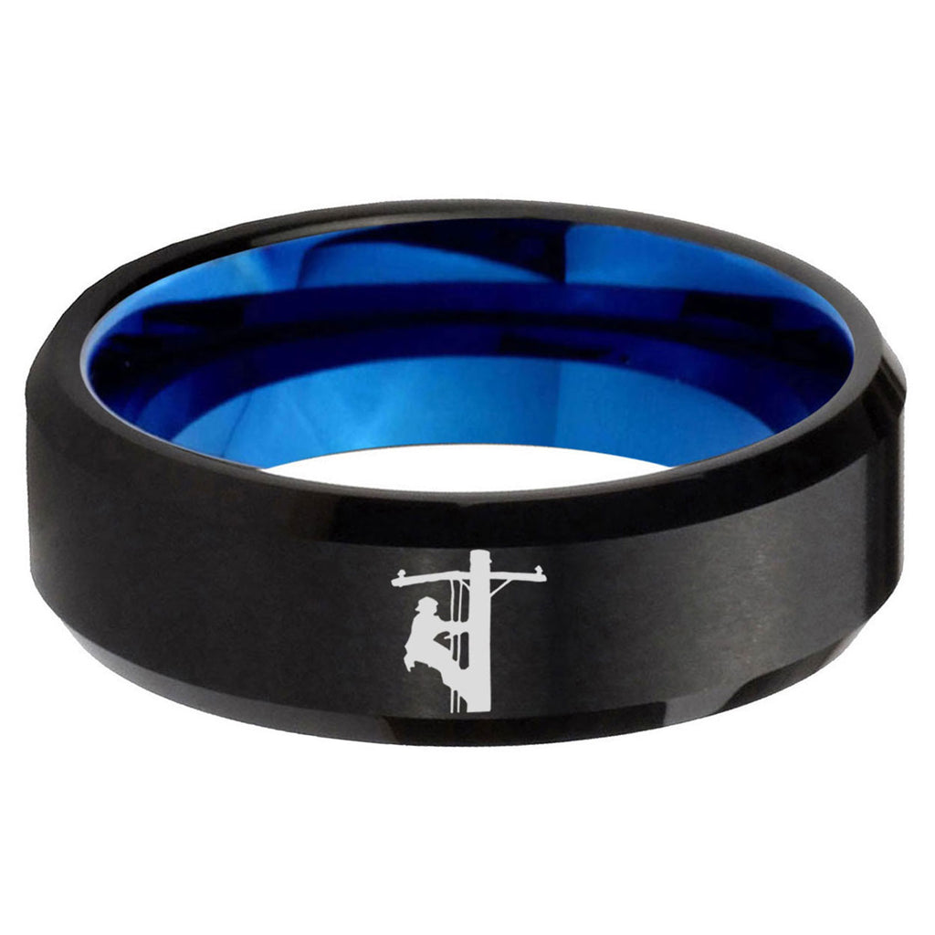 5mm Lineman Symbol Two-Tone Beveled Black Blue Tungsten Promised Ring