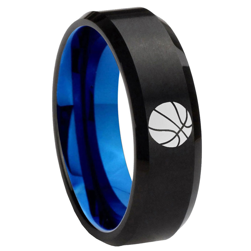 8mm Basketball Two-Tone Beveled Black Blue Tungsten Promised Ring