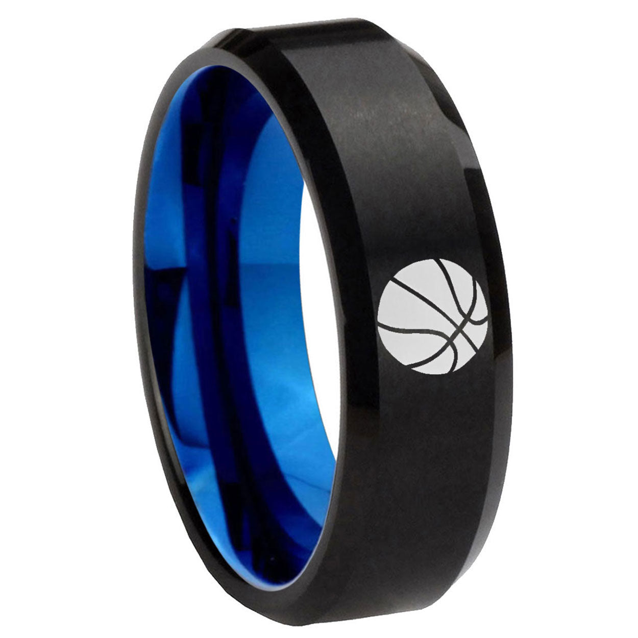 8mm Basketball Two-Tone Beveled Black Blue Tungsten Promised Ring
