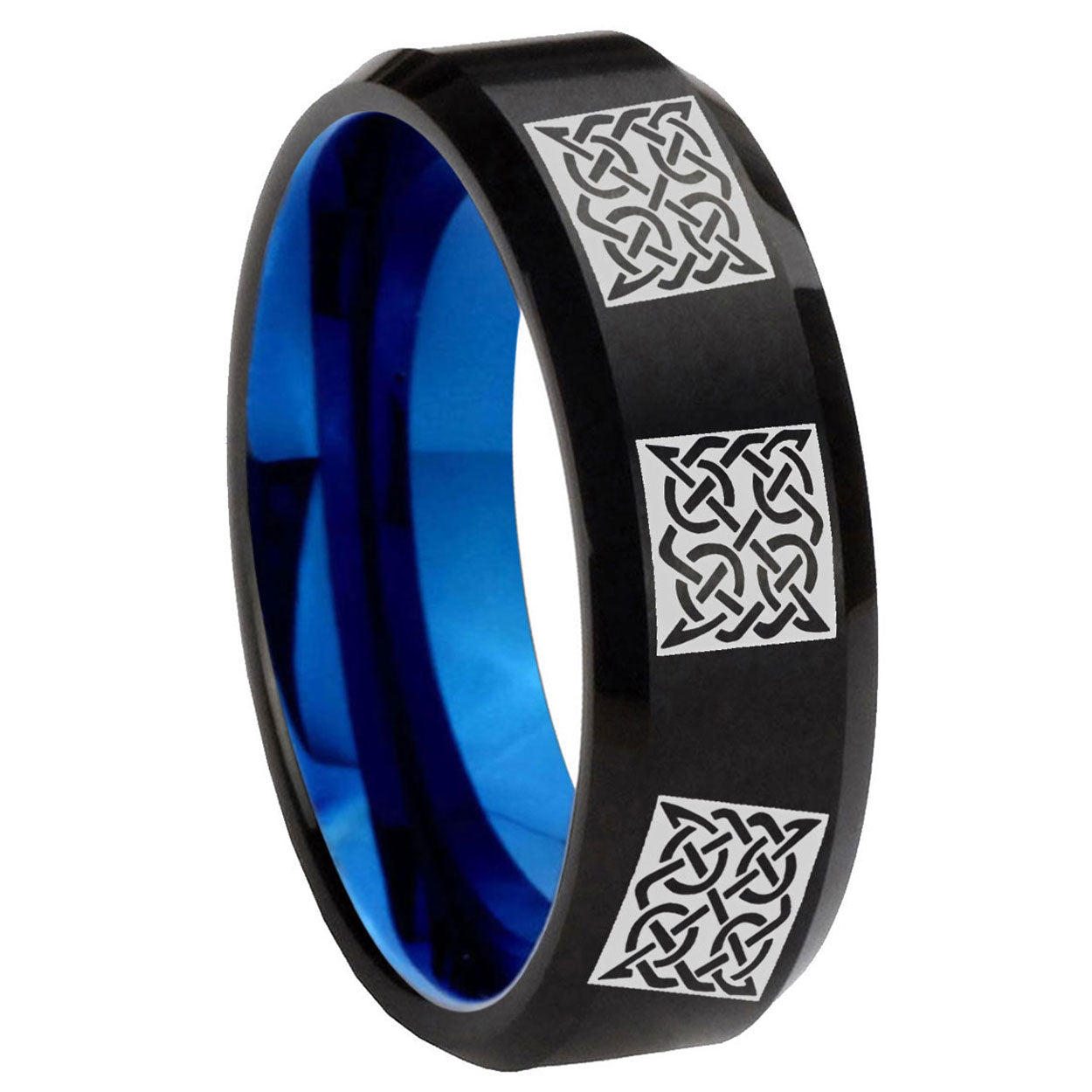 8mm Multiple Celtic Two-Tone Beveled Black Blue Tungsten Promised Ring