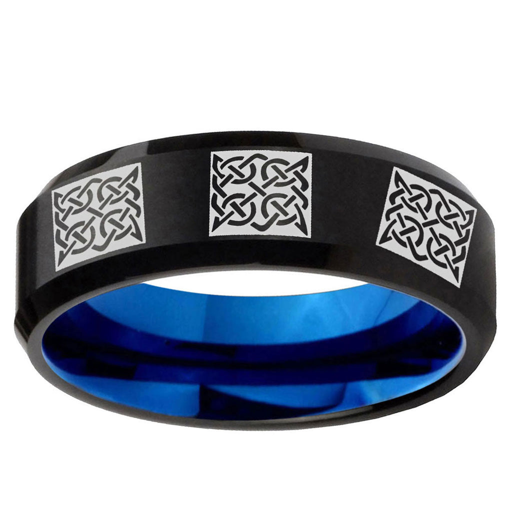 5mm Multiple Celtic Two-Tone Beveled Black Blue Tungsten Promised Ring