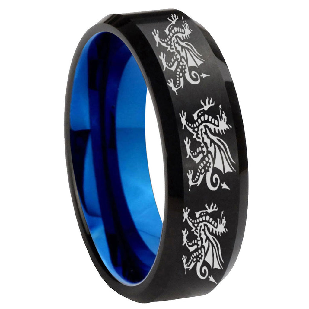 8mm Multiple Dragon Two-Tone Beveled Black Blue Tungsten Promised Ring