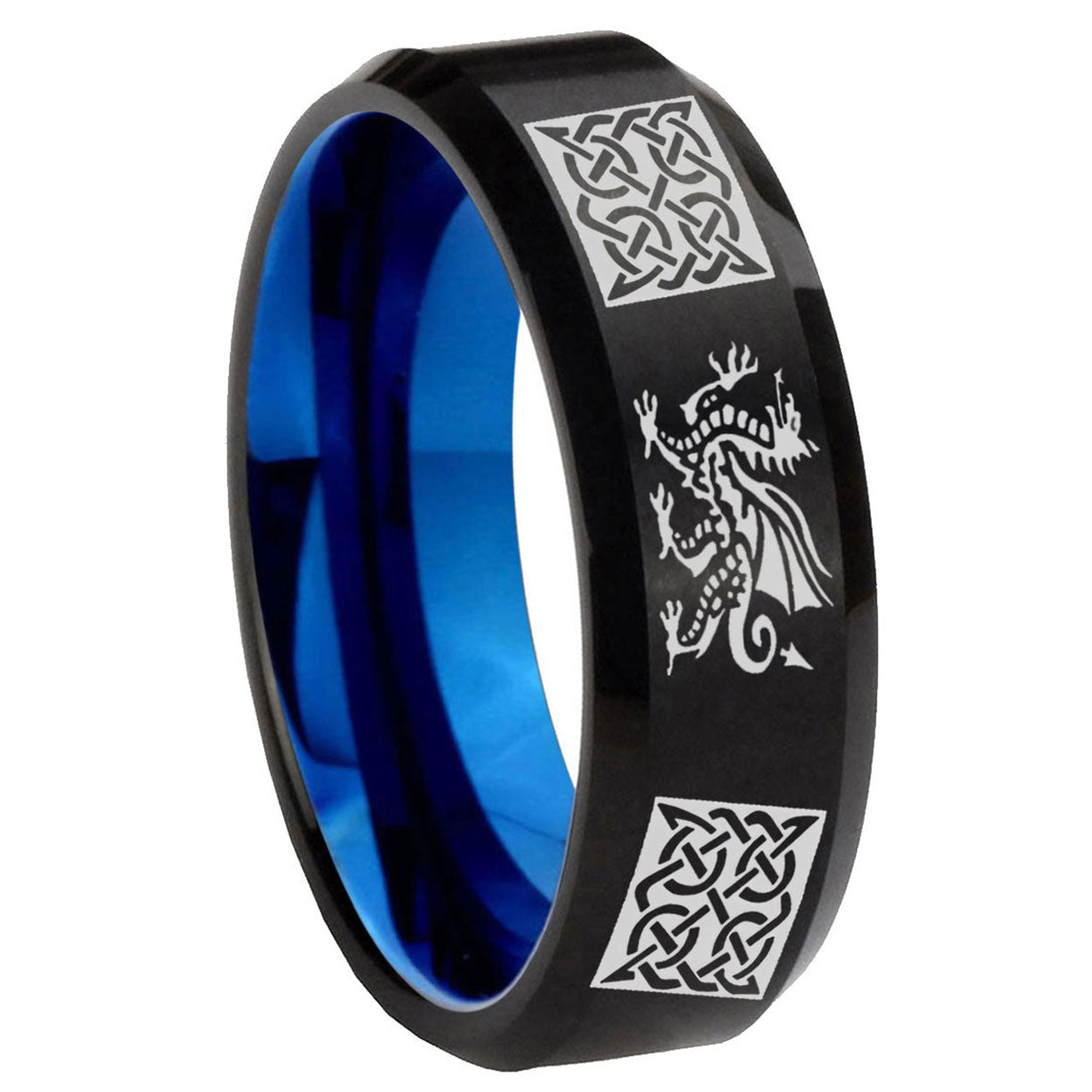 8mm Multi Dragon Celtic Two-Tone Beveled Black Blue Tungsten Promised Ring