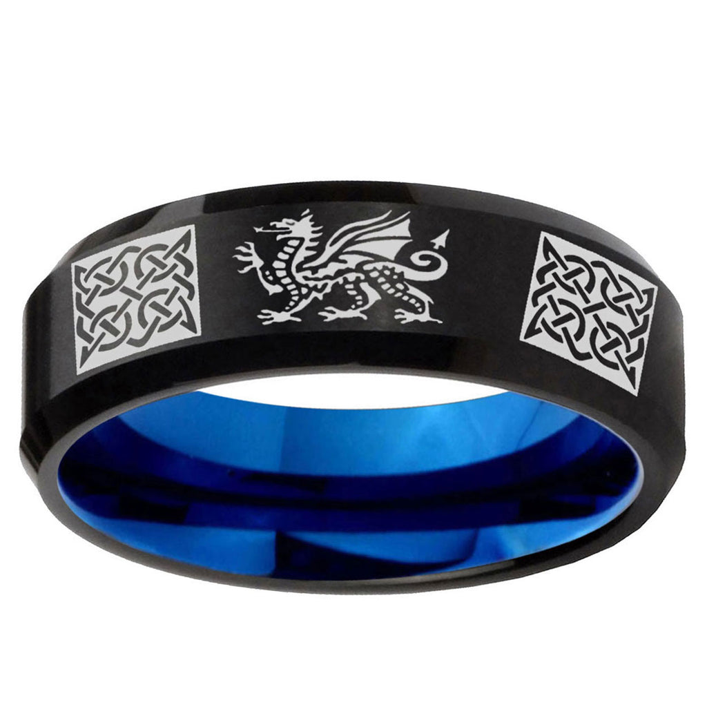5mm Multi Dragon Celtic Two-Tone Beveled Black Blue Tungsten Promised Ring