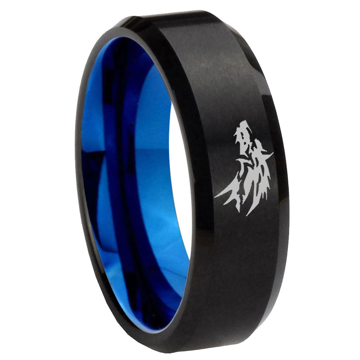 8mm Wolf Design Two-Tone Beveled Black Blue Tungsten Promised Ring