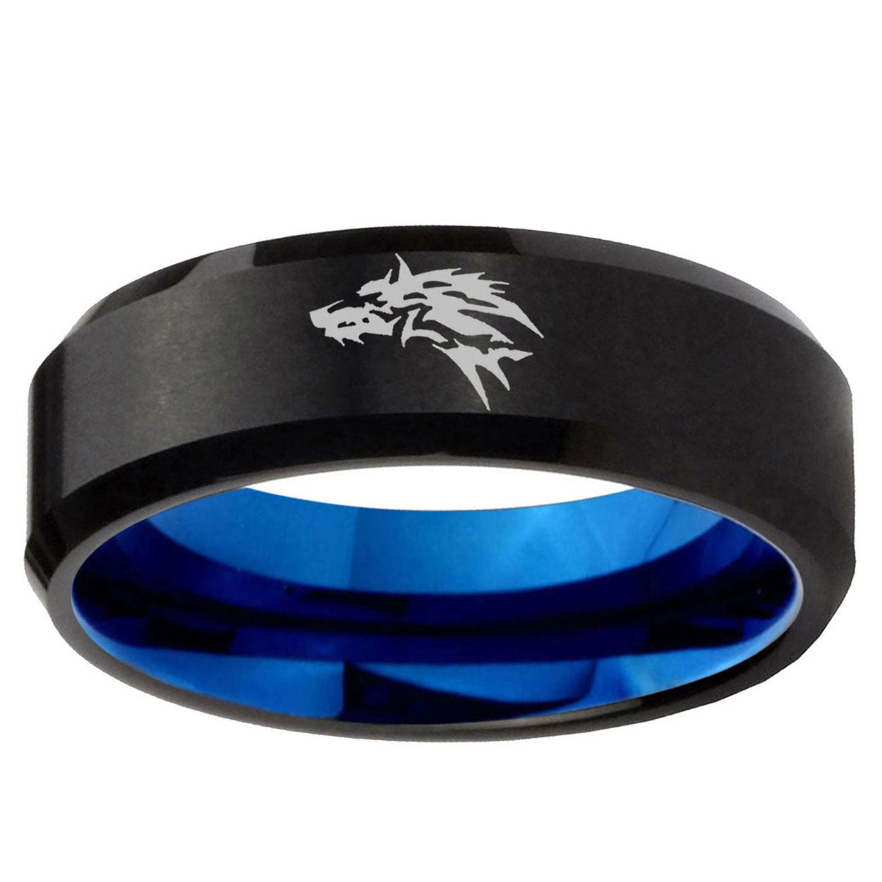 5mm Wolf Design Two-Tone Beveled Black Blue Tungsten Promised Ring