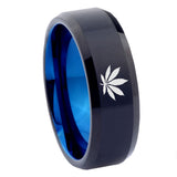 8mm Marijuana Leaf Beveled Edge Blue Black Wedding Band For Men