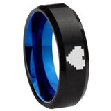 8mm Blue and Black Beveled Edge Zelda Heart Tungsten 2 Tone Laser Engraved Ring
