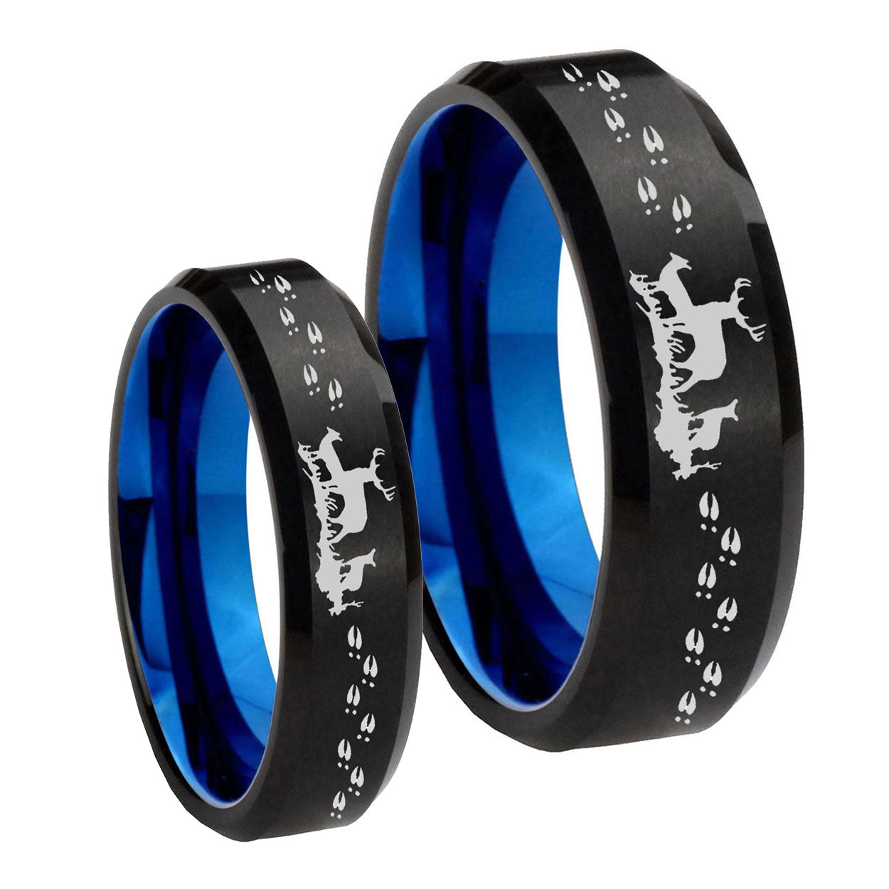 Deer Hunting Bevel Blue Tungsten Wedding Band Set