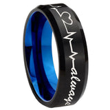 10mm Heart Beat forever Heart always more Bevel Tungsten Blue Custom Ring