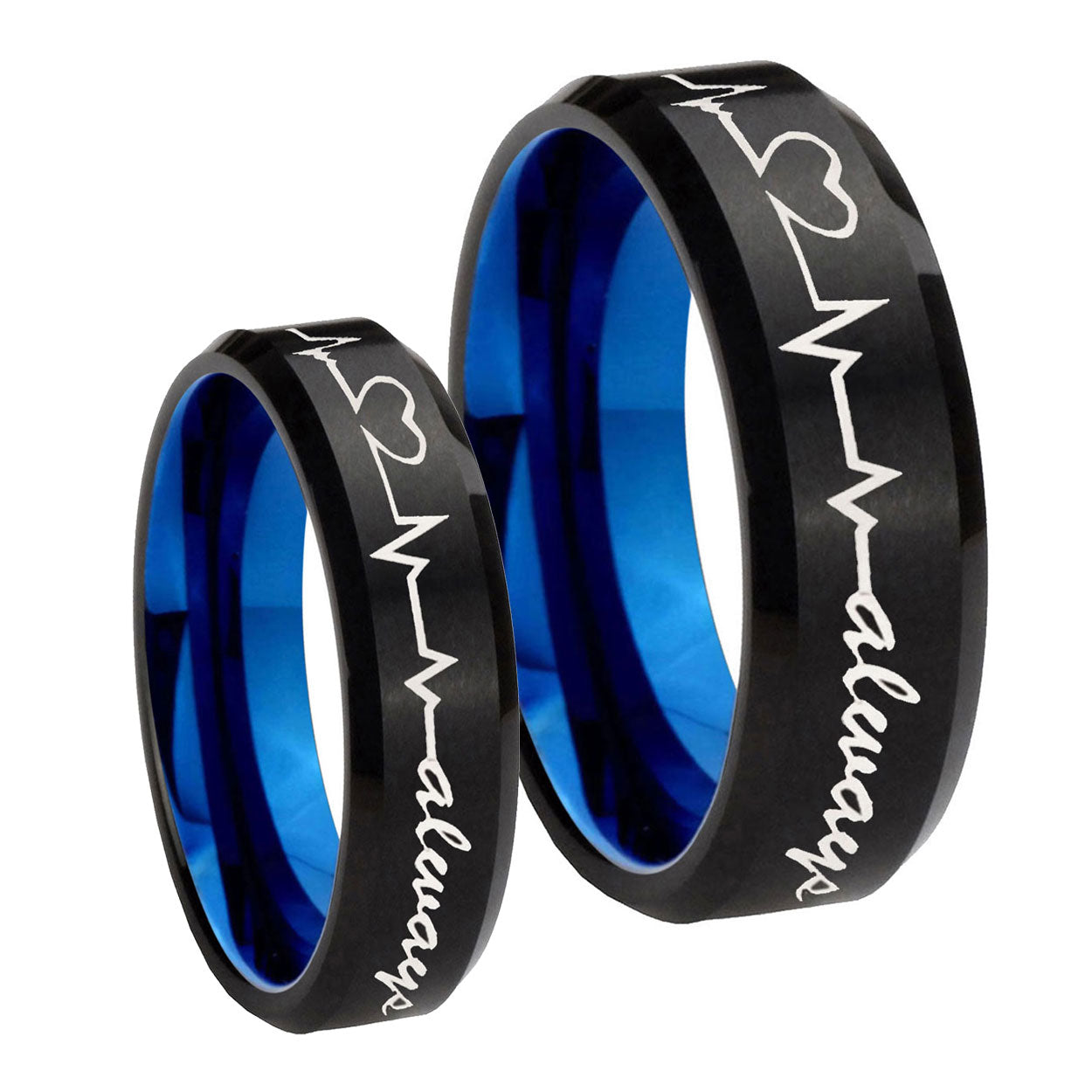 Heart Beat forever Heart always mores Bevel Blue Tungsten Mens Set Rings