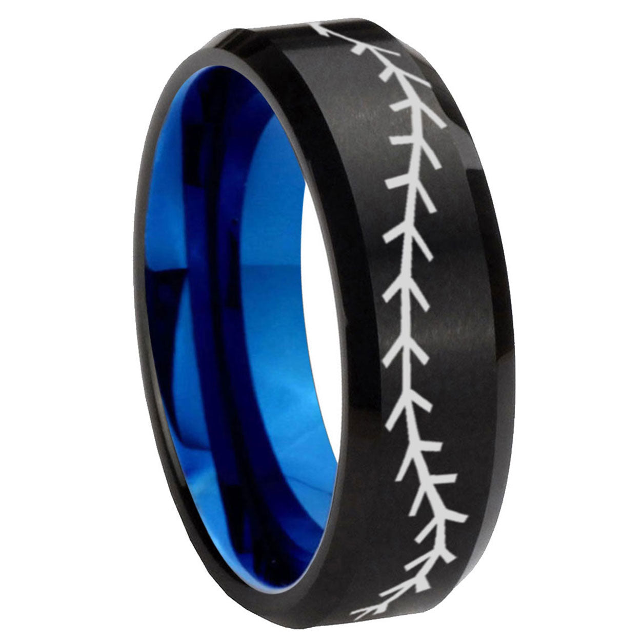 8mm Baseball Stitch Two-Tone Beveled Black Blue Tungsten Promised Ring