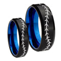 Baseballs Bevel Blue Tungsten Matching Ring Set