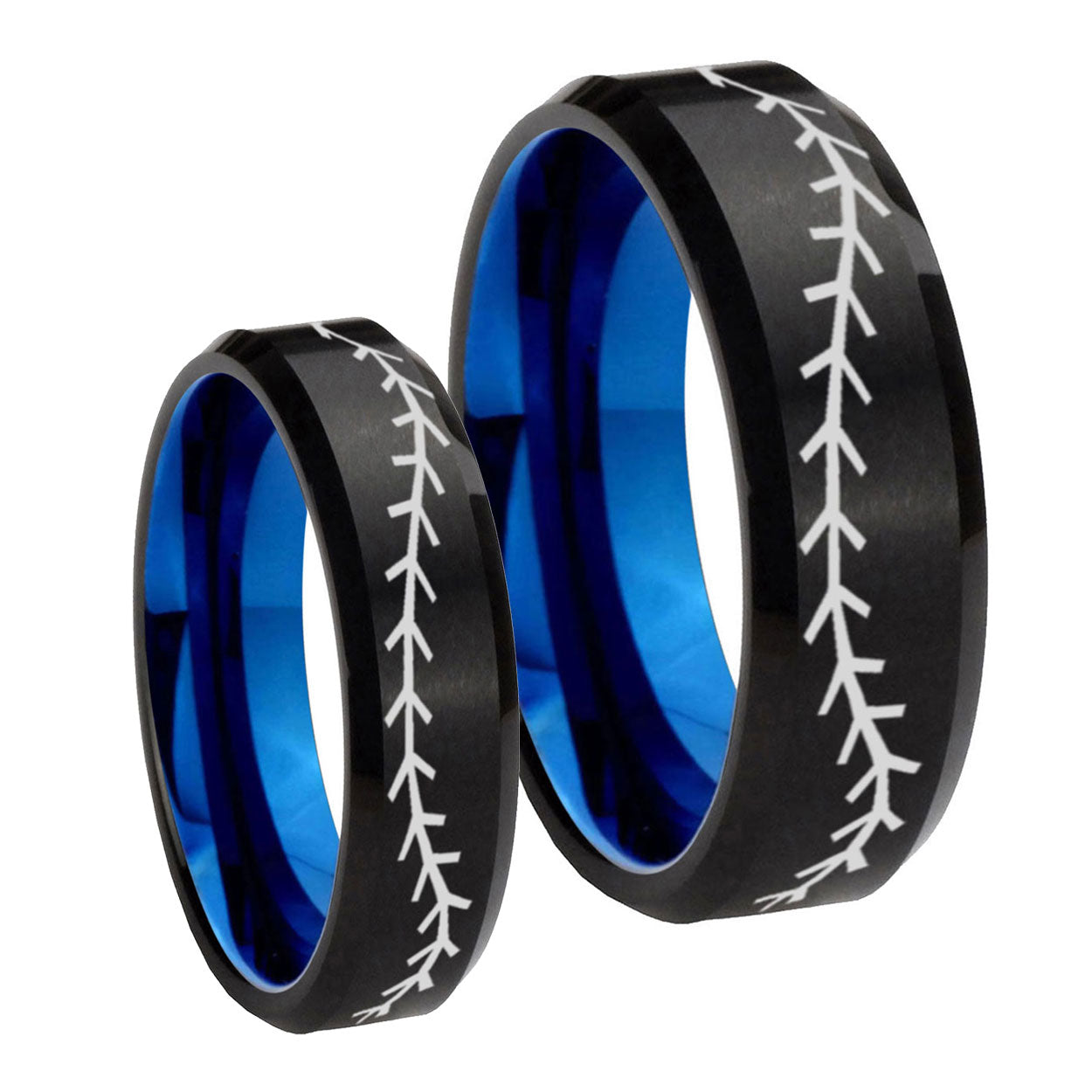 Baseballs Bevel Blue Tungsten Matching Ring Set