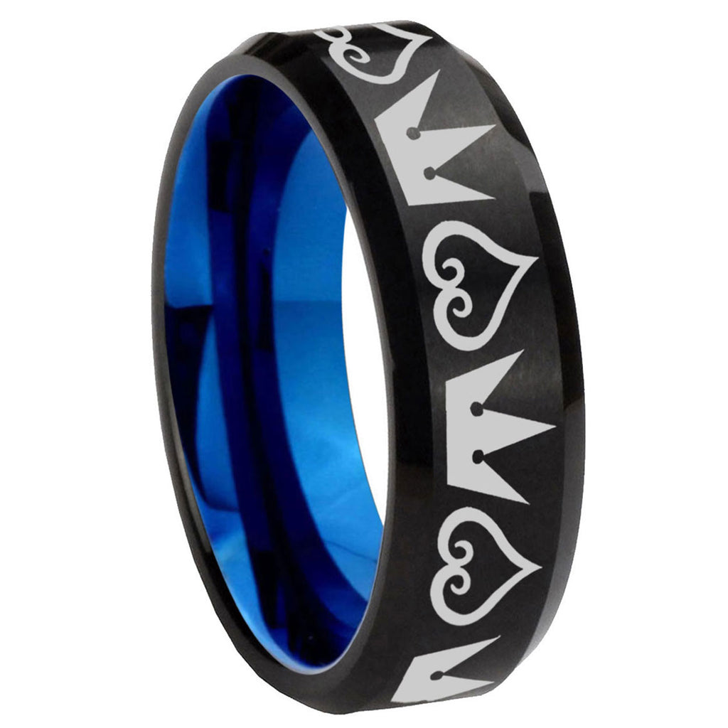 8mm Hearts and Crowns Two-Tone Beveled Black Blue Tungsten Promised Ring