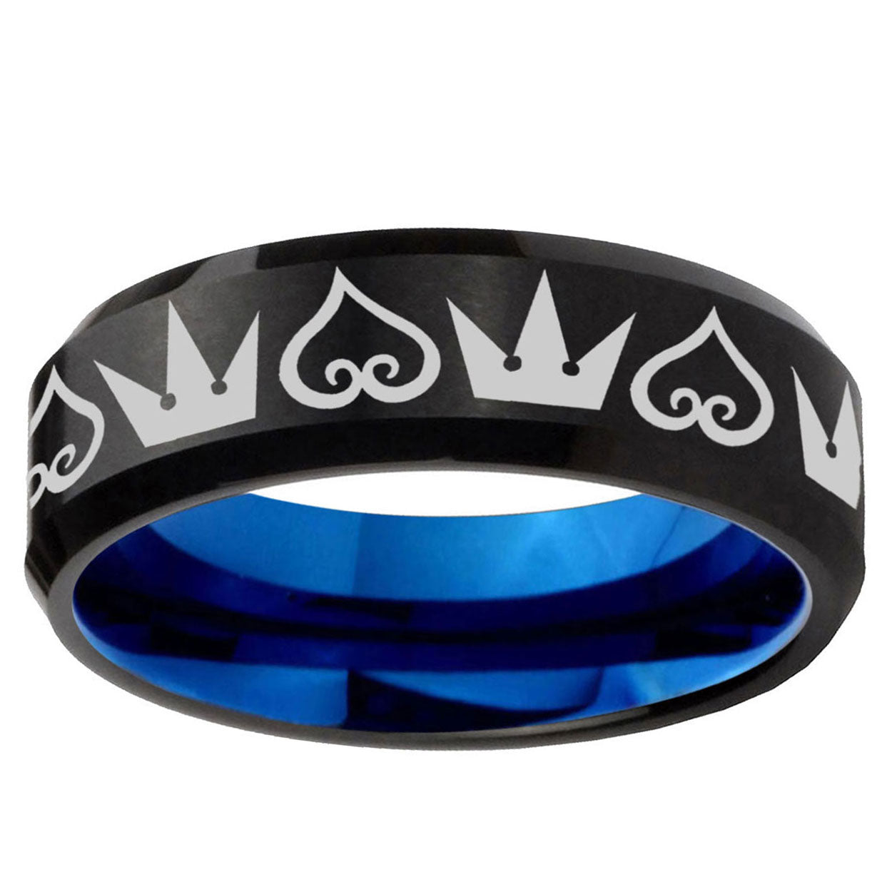 5mm Hearts and Crowns Two-Tone Beveled Black Blue Tungsten Promised Ring