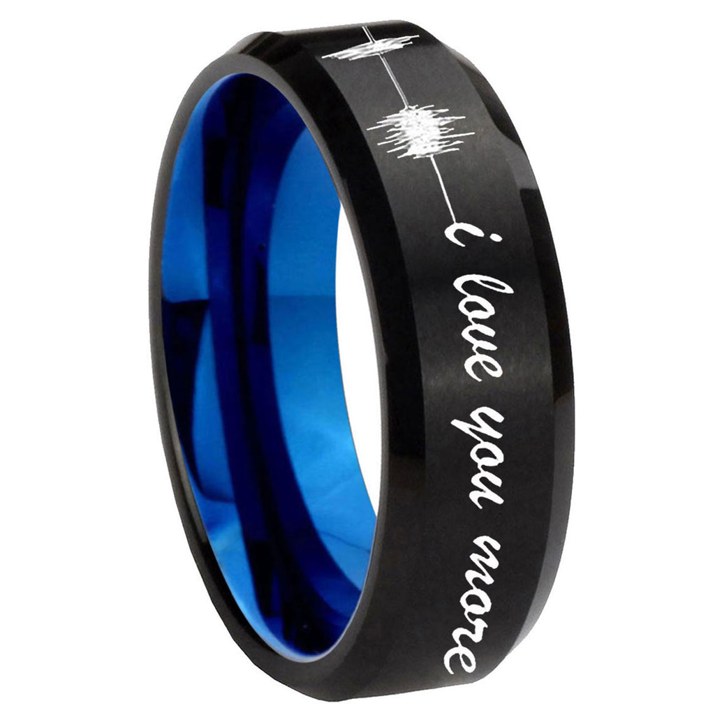 8mm Sound Wave I love you Two-Tone Beveled Black Blue Tungsten Promised Ring