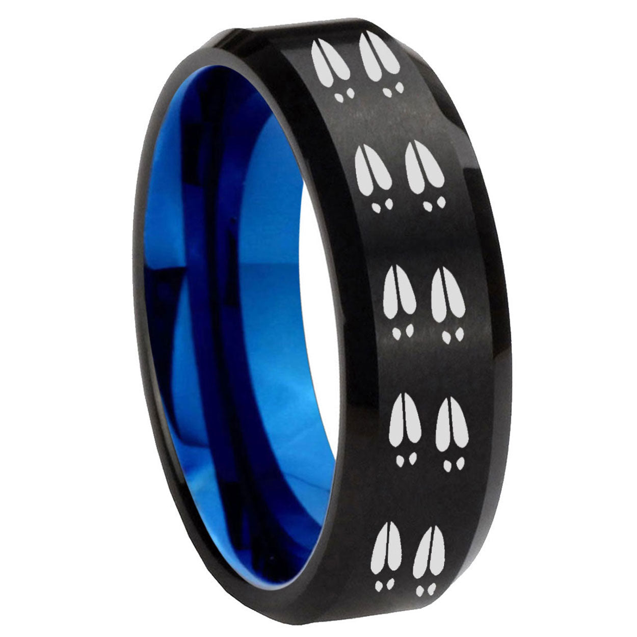 8mm Deer Tracks Two-Tone Beveled Black Blue Tungsten Promised Ring