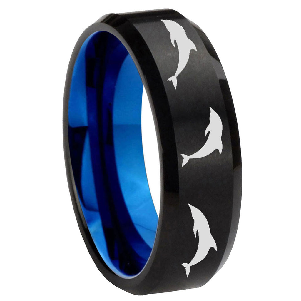 8mm Dolphins Two-Tone Beveled Black Blue Tungsten Promised Ring