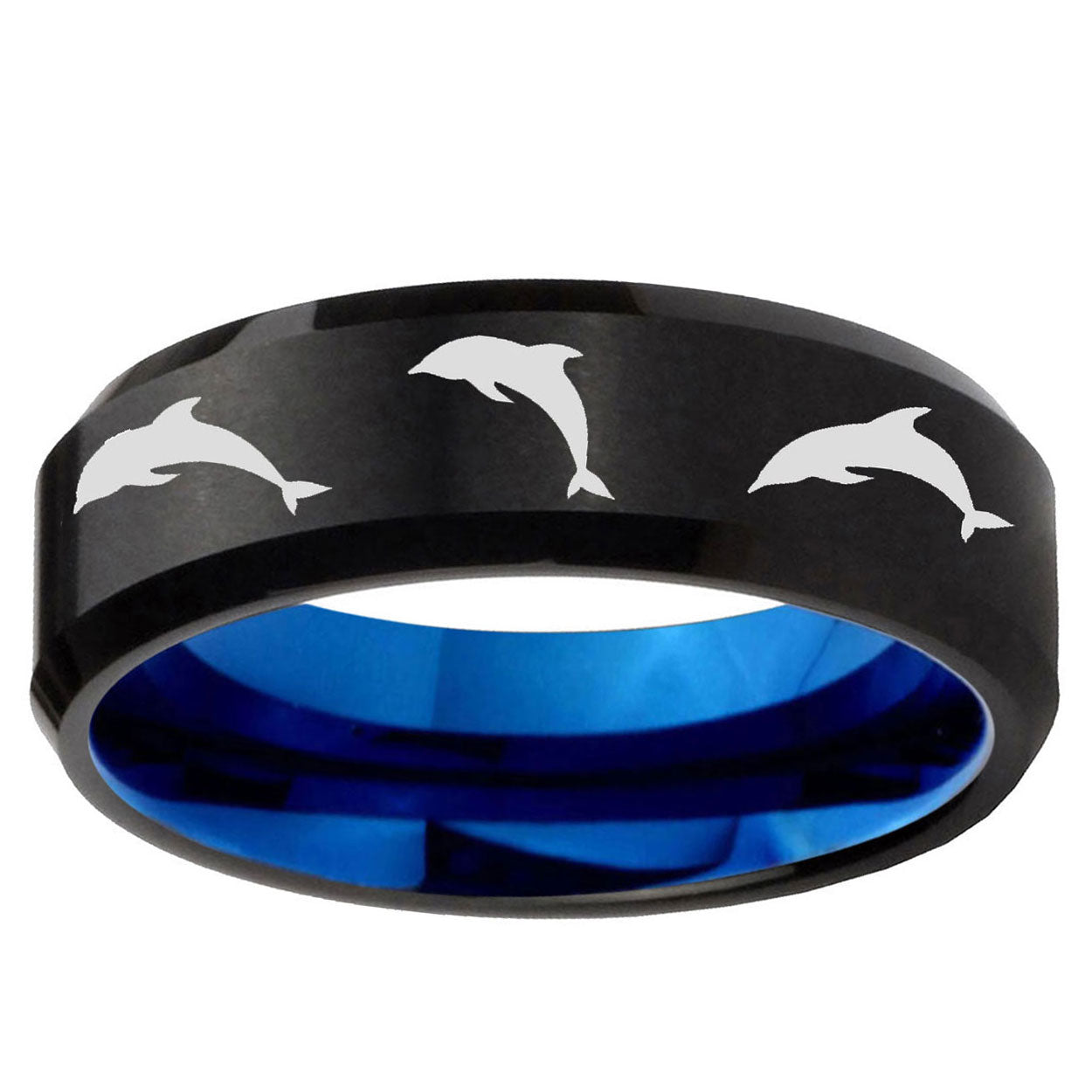 5mm Dolphins Two-Tone Beveled Black Blue Tungsten Promised Ring