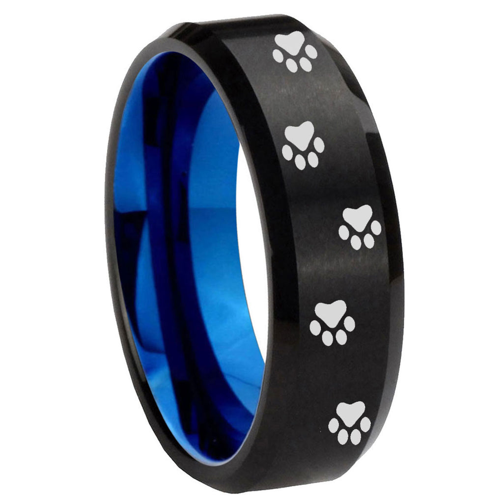 8mm Paw Print Two-Tone Beveled Black Blue Tungsten Promised Ring