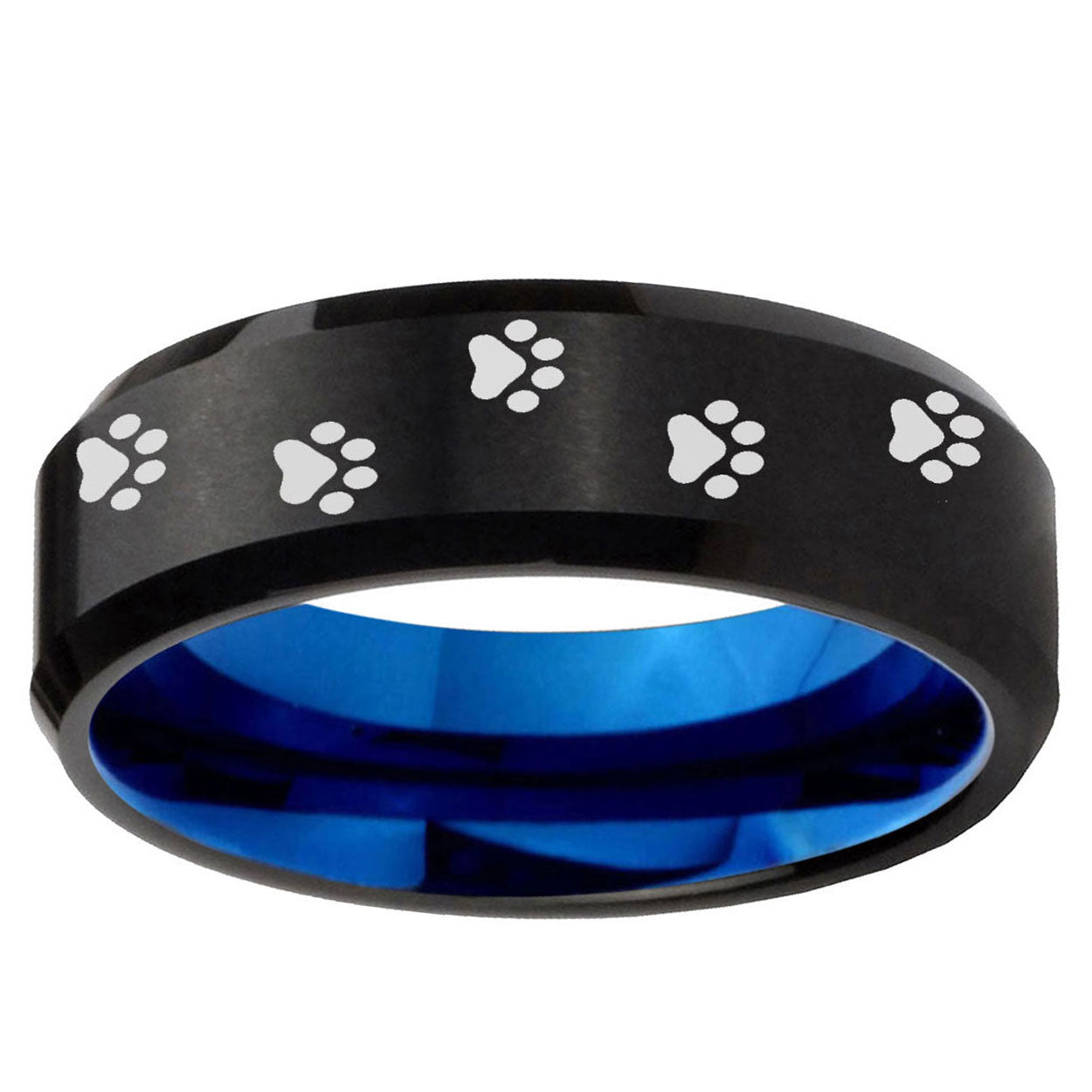 5mm Paw Print Two-Tone Beveled Black Blue Tungsten Promised Ring