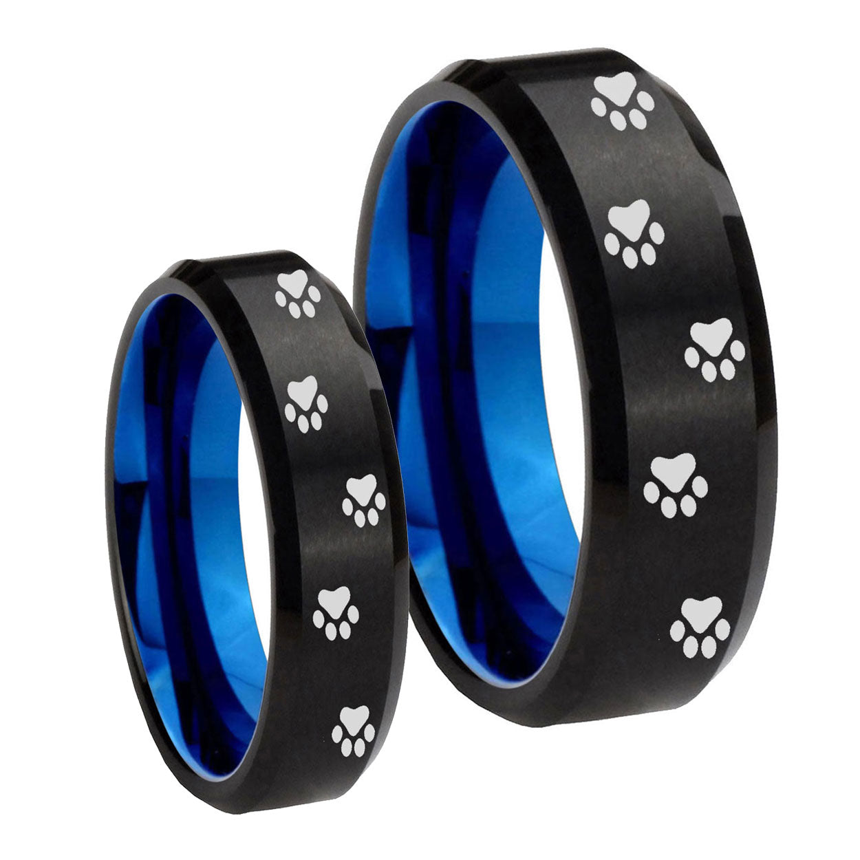 Paw Print Designs Bevel Blue Tungsten Bridal Ring Set