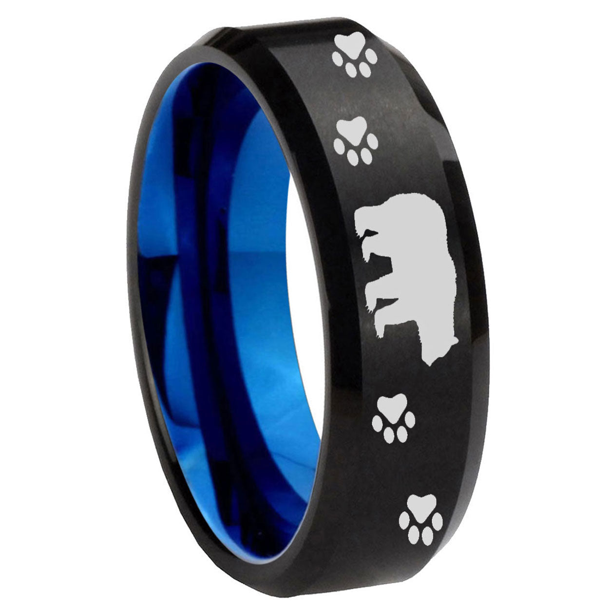 8mm Bear and Paw Two-Tone Beveled Black Blue Tungsten Promised Ring