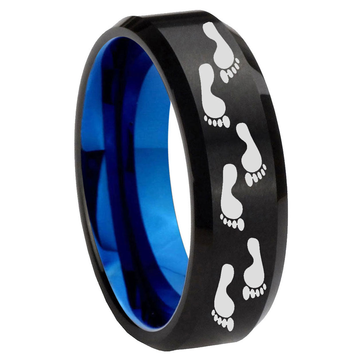 8mm Foot Print Two-Tone Beveled Black Blue Tungsten Promised Ring
