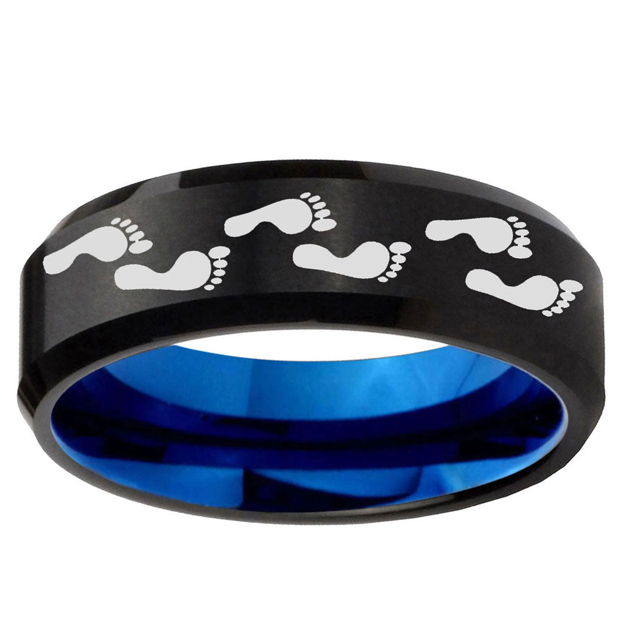 5mm Foot Print Two-Tone Beveled Black Blue Tungsten Promised Ring