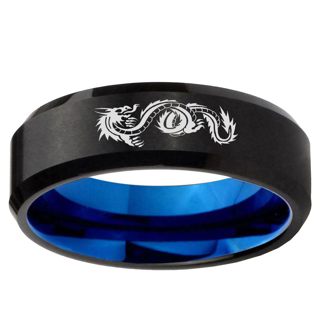 5mm Dragon Symbol Two-Tone Beveled Black Blue Tungsten Promised Ring