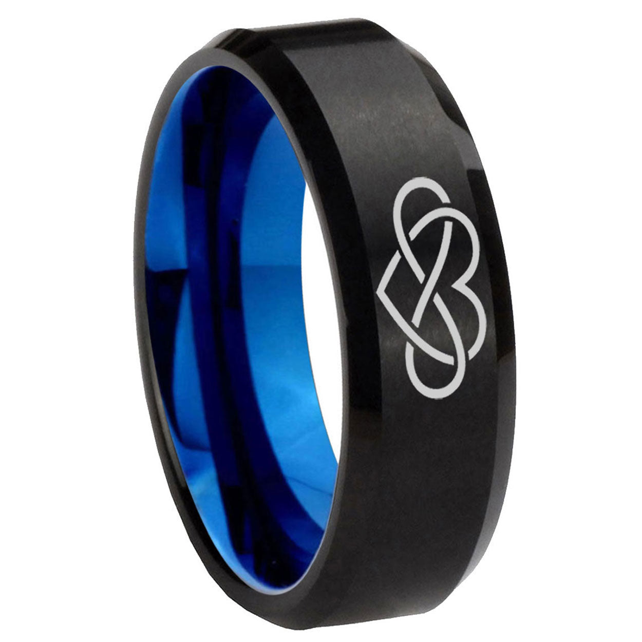 8mm Infinity Heart Two-Tone Beveled Black Blue Tungsten Promised Ring