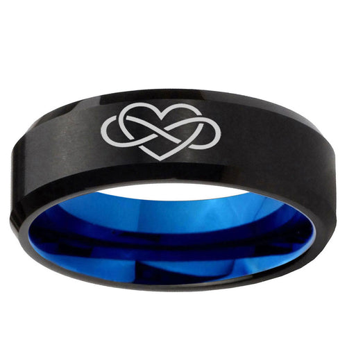 10mm Infinity Love Bevel Tungsten Carbide Blue Mens Ring Engraved