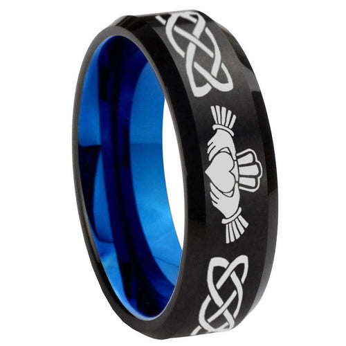 10mm Irish Claddagh Bevel Tungsten Carbide Blue Wedding Ring
