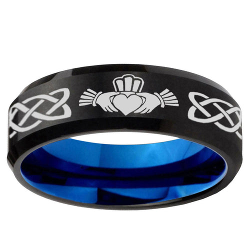 10mm Irish Claddagh Bevel Tungsten Carbide Blue Wedding Ring