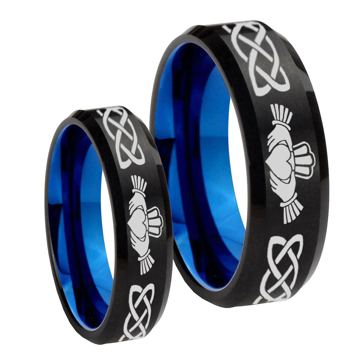 Irish Claddagh Bevel Blue Tungsten His And Hers Ring