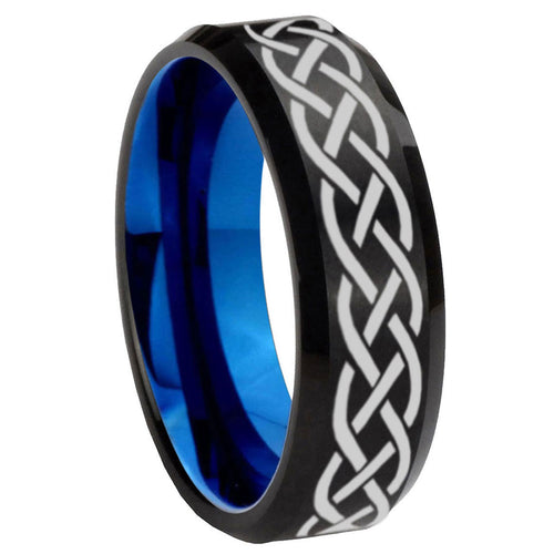 10mm Celtic Knot Bevel Tungsten Carbide Blue Wedding Ring